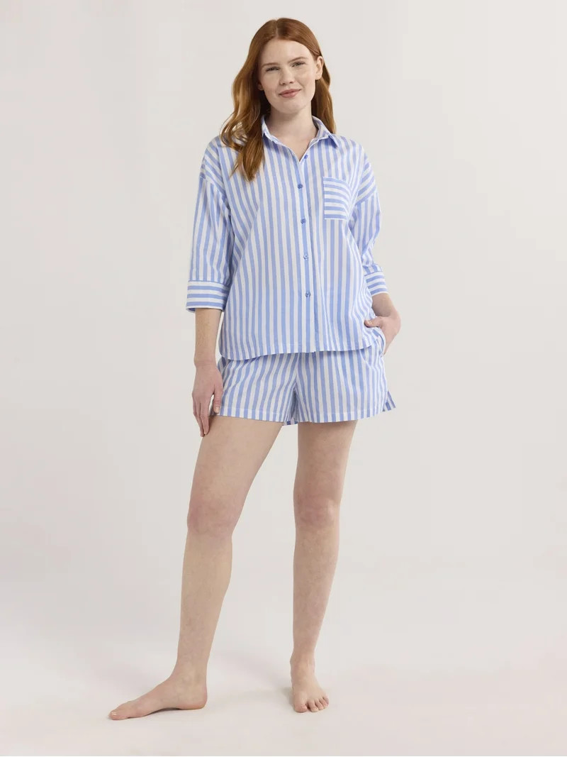 Joyspun Women’s Woven ¾ Sleeve Notch Collar Top and Boxer Shorts Pajama Set, Sizes XS-3X | Walmart (US)