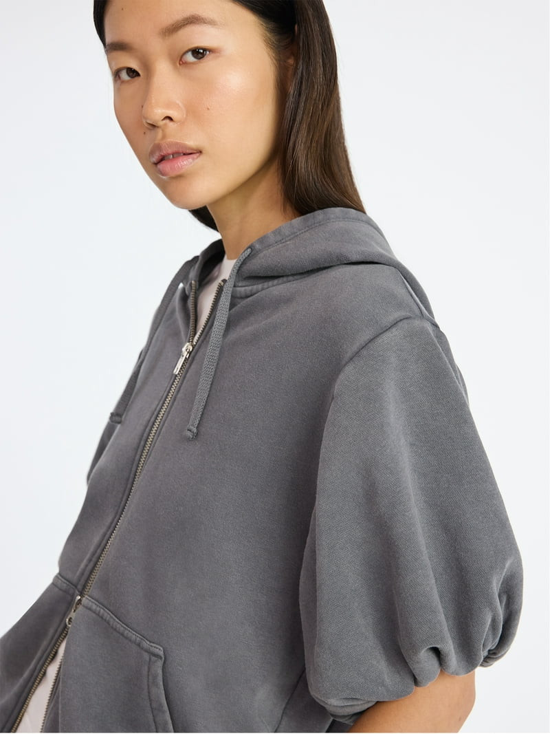 Scoop Women’s Mineral Washed Zip Hoodie with Short Puff Sleeves, Sizes XS-XXL | Walmart (US)