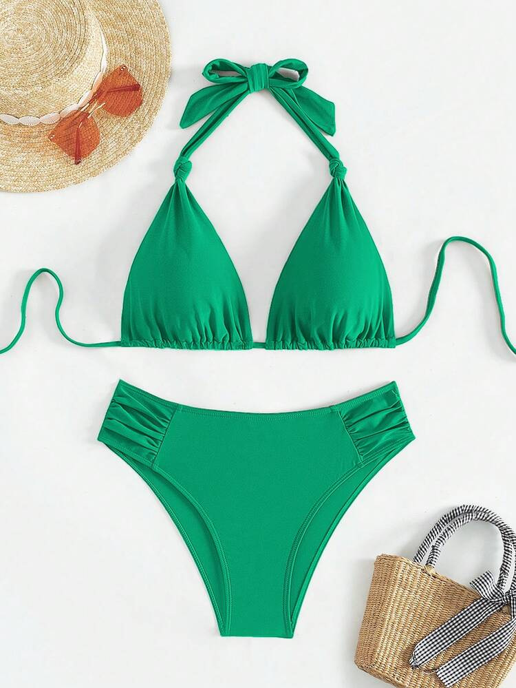 2pcs Sweet & Sexy Solid Color Tie-Up Spaghetti Strap Bikini Swimwear Set, Beach Holiday Style Vac... | SHEIN