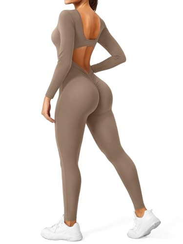 YEOREO Long Sleeve Jumpsuits for Women V Back Bodysuit Workout Full Length Bodycon Scrunch Leggings One Piece Romper | Amazon (US)