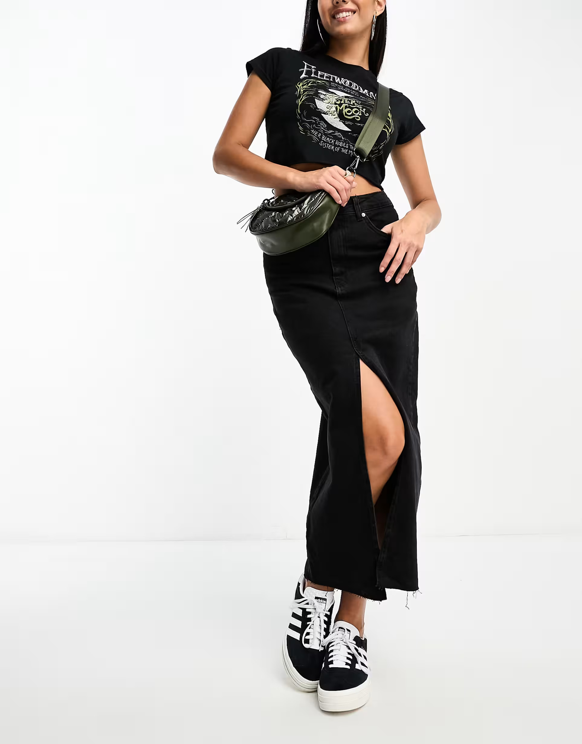 Stradivarius denim midi skirt with front split in black | ASOS (Global)