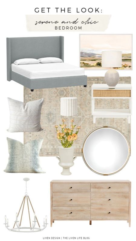 Bedroom decor. Upholstered bed. Cane and white nightstand. Dresser. Landscape art. Throw pillows. Marble box. Distressed traditional persian rug. Round mirror. Ceramic lamp

#LTKSeasonal #LTKHome #LTKStyleTip