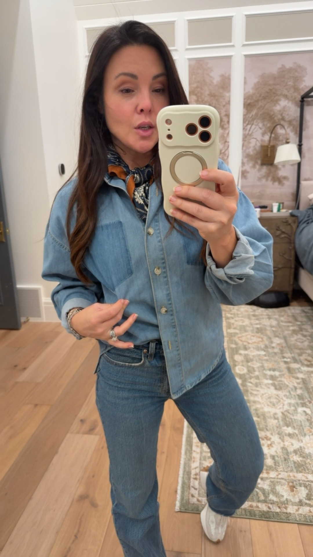 Denim on denim 
Scarf neck 
Bracelet stack 

#LTKSaleAlert #LTKOver40