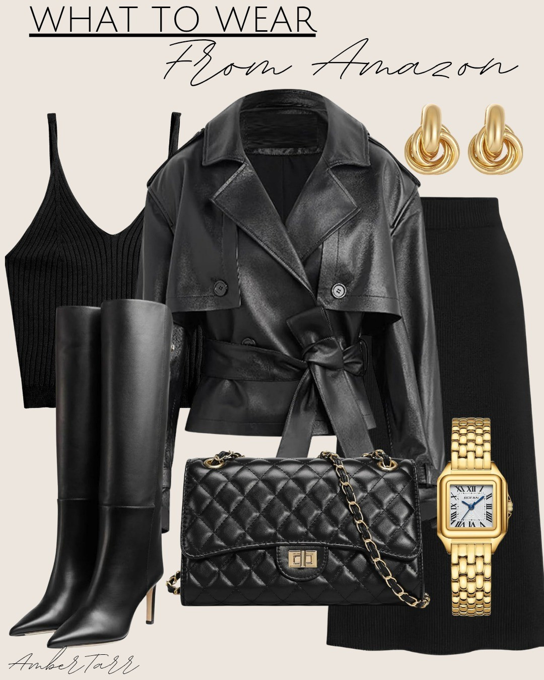 A sleek all-black outfit with a ribbed knit top, faux-leather trench, and classic knee-high boots. Gold accents and a quilted bag add the perfect elevated touch.

#LTKOver40 #LTKFindsUnder50 #LTKFindsUnder100