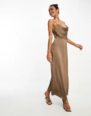 Vila Bridesmaid satin cowl neck maxi dress in brown | ASOS (Global)