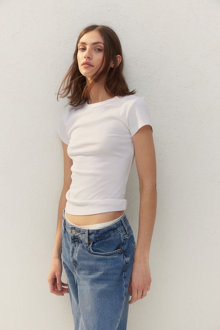 Ribbed T-shirt - White - Ladies | H&M GB | H&M (UK, MY, IN, SG, PH, TW, HK)