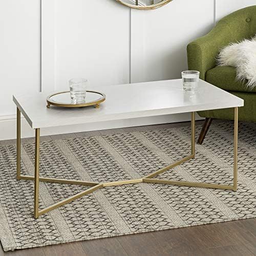 Walker Edison Mid Century Modern Marble Gold Rectangle Coffee Table Living Room Accent Ottoman St... | Amazon (US)
