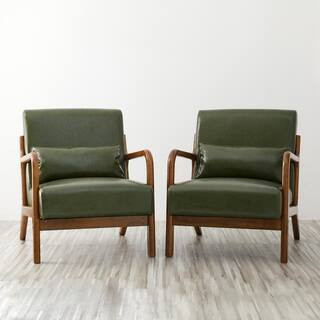 26 in. Mid-Century Modern Green Faux Leather Arm Chair with Walnut Ruberwood Frame (Set of 2) | The Home Depot