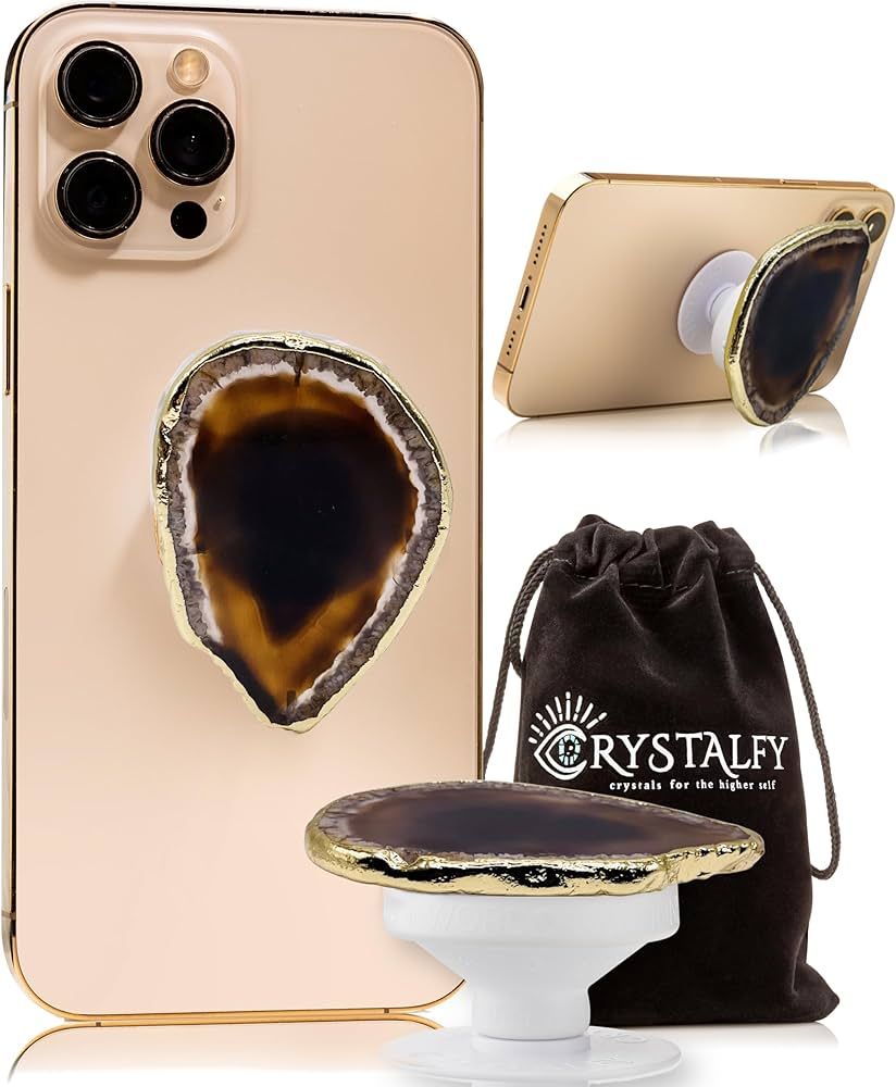 Brown Pattern Agate Gold Edge Genuine Crystal Phone Grip & Phone Stand: Authentic Natural Gemston... | Amazon (US)