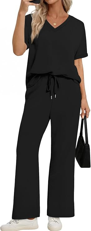 Sampeel Lounge Sets for Women V Neck Turn-UP Sleeves Tops Wide Leg Pants 2 Piece Sets Oversized S... | Amazon (US)