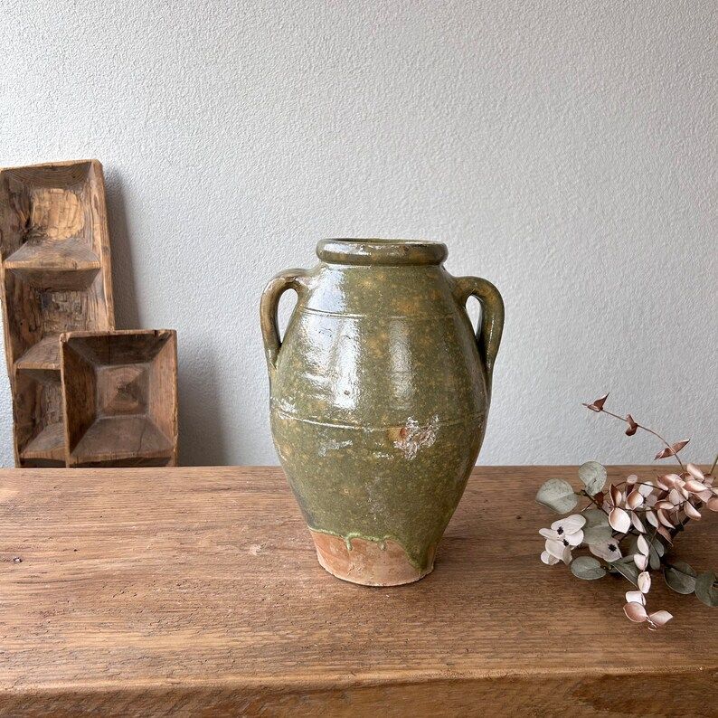 Antique Terracotta Vase, Turkish Olive Jar, Rustic Green Pottery, Vintage Vase, Primitive Jug, Wa... | Etsy (US)