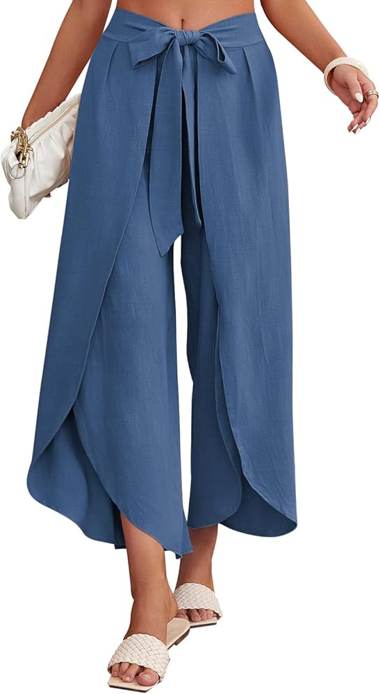 ReachMe Womens Casual Palazzo High Waisted Flowy Wide Leg Pants Bowtie Front Split Wrap Pants Tro... | Amazon (US)
