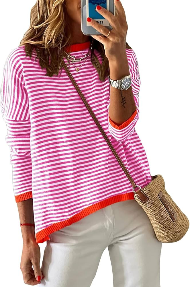 TimeMark Womens Crewneck Long Sleeve Sweaters Casual Striped Color Block Drop Shoulder Cotton Pul... | Amazon (US)