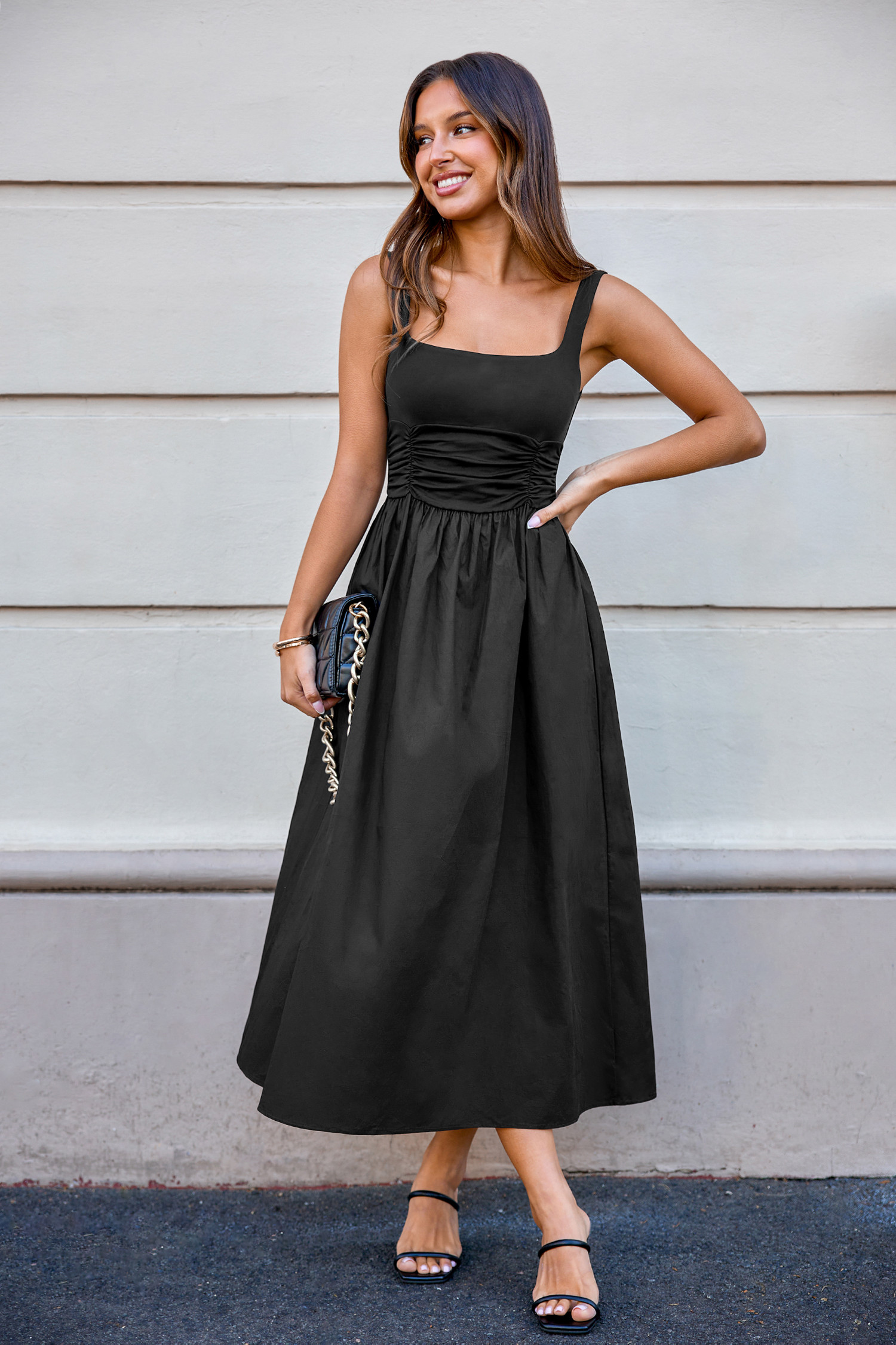 Black Square Neck Sleeveless Shirred Waist Midi Dress | Cupshe US