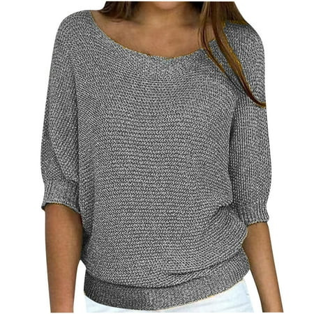 Zpanxa Oversized Sweaters for Women Round Neck Knit Sweater Trendy Elegant 3/4 Sleeve Cute Blouse Lightweight Loose Comfy Tops Clothes Gray M | Walmart (US)