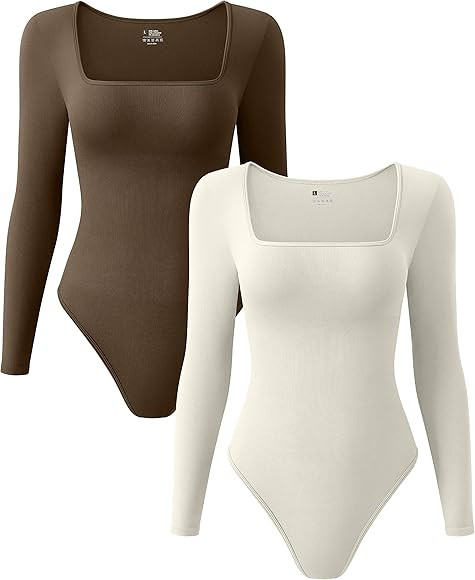 OQQ Women's 2 Piece Bodysuits Sexy Ribbed One Piece Square Neck Long Sleeve Bodysuits | Amazon (US)