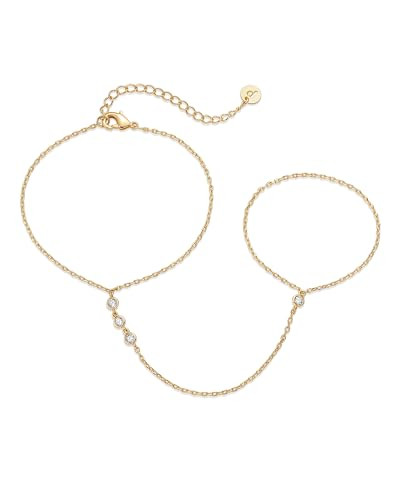 PAVOI 14K Yellow Gold Plated Cubic Zirconia Hand Chain Bracelet for Women | Dainty Station Bracelet and Ring Chain Body Jewelry | Amazon (US)