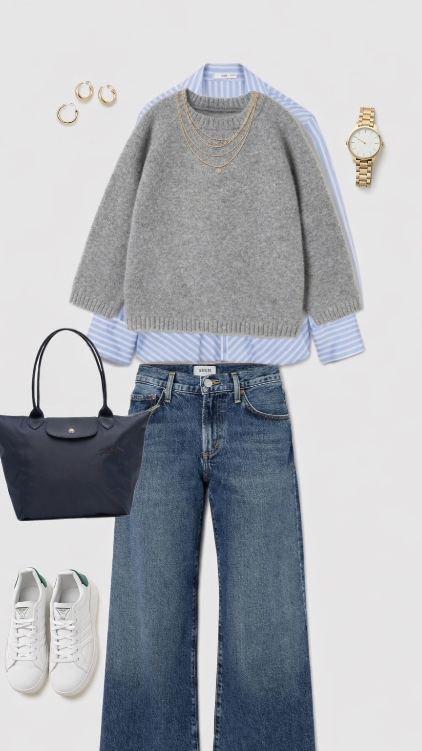 Preppy Meets Sporty 💙✨

The layering trick that never fails! Gray sweater over a striped shirt = instant polish. Add wide-leg jeans, Adidas sneakers, and gold jewelry for that perfect high-low mix.

The combo:
Gray crew neck + striped button-down + wide-leg jeans + white Adidas + navy tote
Classic prep meets comfortable cool. Works for literally everything!

#LTK #LTKstyletip #LTKfindsunder100 #LTKshoecrush #LTKitbag #PreppyStyle #LayeringTrick #CasualChic #OOTD