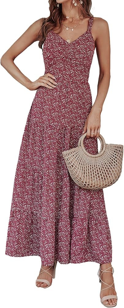 BTFBM Women Sleeveless V Neck Backless Summer Maxi Long Dresses Print Strap Tie Back Beach Party Flo | Amazon (US)