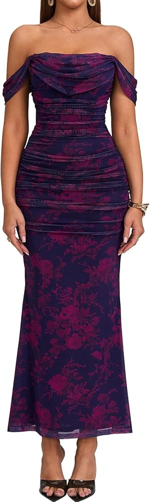 KUTUMAI Off The Shoulder Maxi Long Dress Corset Ruched Bodycon Formal Wedding Guest Dresses for W... | Amazon (US)
