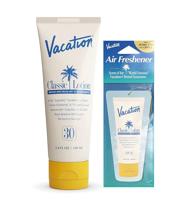 Vacation Classic Sunscreen Lotion SPF 30 + Air Freshener Bundle, Water Resistant Broad Spectrum S... | Amazon (US)