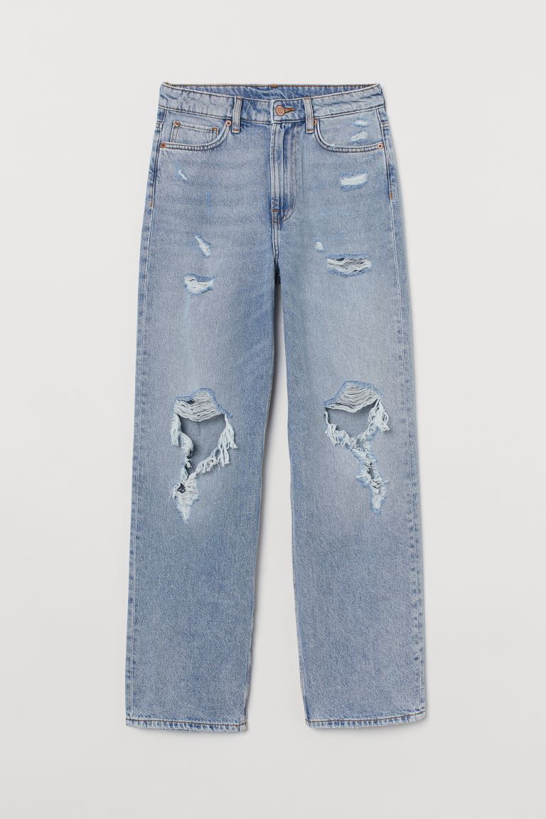 Conscious 
	5-pocket jeans in washed denim. High waist, zip fly with button, and straight, wide l... | H&M (US + CA)