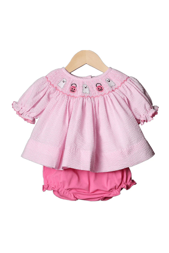 Smocked Pink Gingham Seersucker Ghost Bloomer Set | The Smocked Flamingo