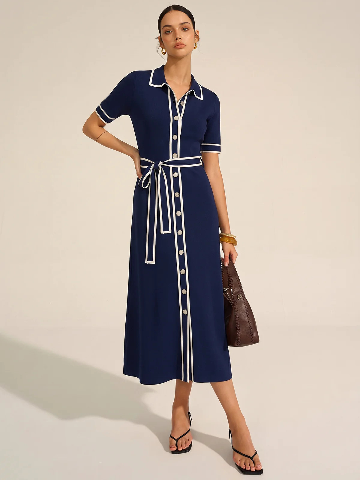 Contrast Trim Belted Short Sleeve Knit Dress | Commense