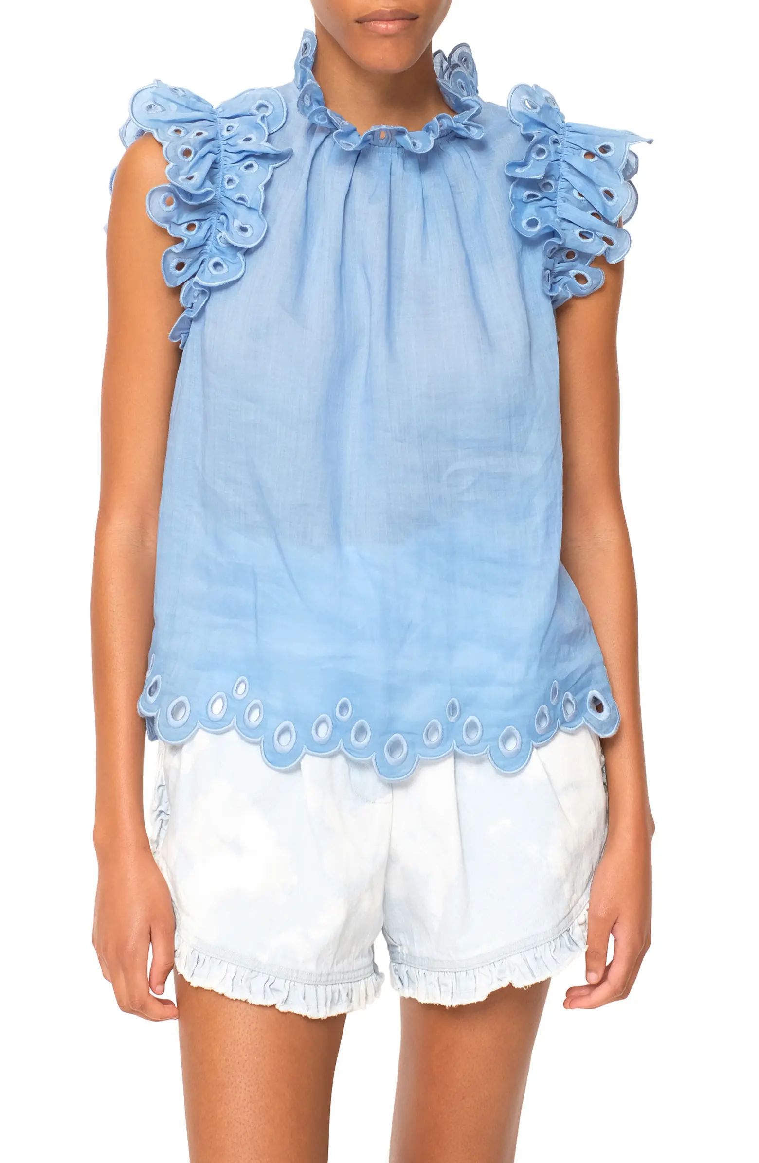 Sea Lee Ruffle Embroidered Linen & Cotton Top | Nordstrom | Nordstrom