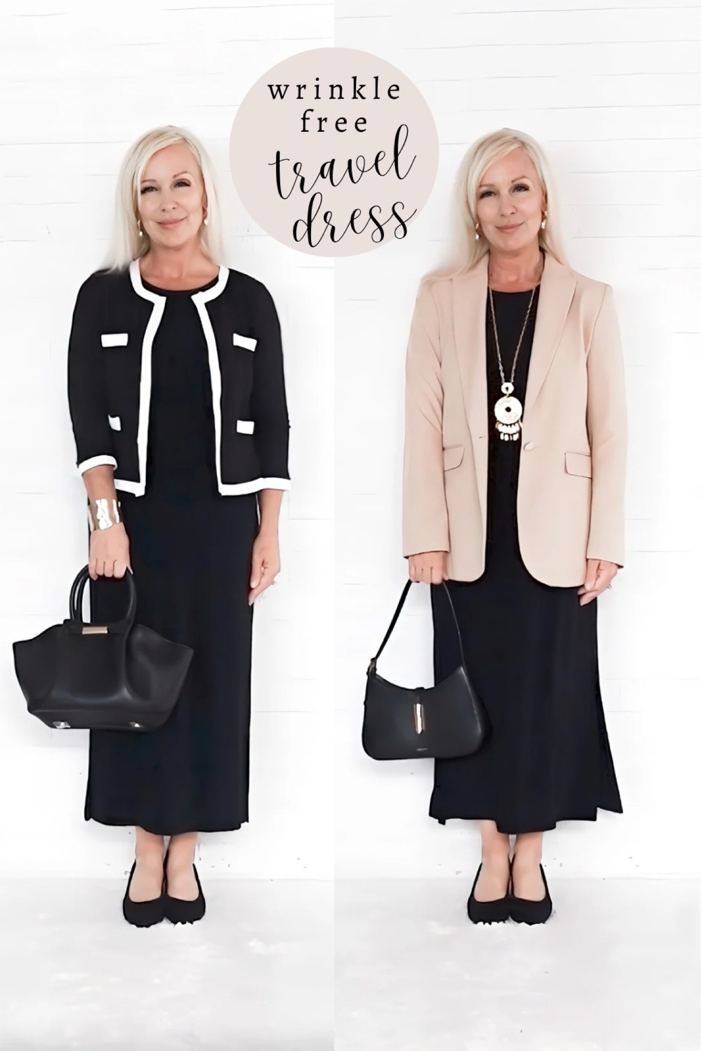 Ways to Style the Wrinkle-Free Black Travel Dress:
- L: I’ve added a lightweight boxy bolero/blazer with white trim that won’t take up a lot of room in the suitcase.
- R: I’ve layered a camel blazer for an elevated & polished look.
Just a reminder that wrinkle-free travel clothing comes two ways: black or hideous prints. Otherwise we are steaming clothes when we travel. 🤷🏼‍♀️
