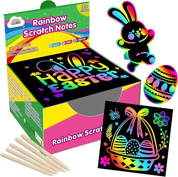 ZMLM 165 Pcs Rainbow Scratch Paper Art Notes - Easter Crafts for Kids Ages 4-8, Easter Basket Stu... | Amazon (US)