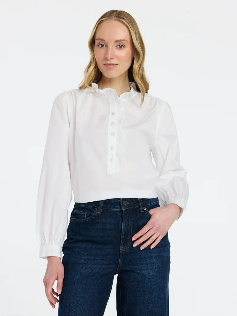 Time and Tru Women's Ruffle Neck Button Front Cotton Shirt with Long Sleeves, Sizes XS-XXXL | Walmart (US)