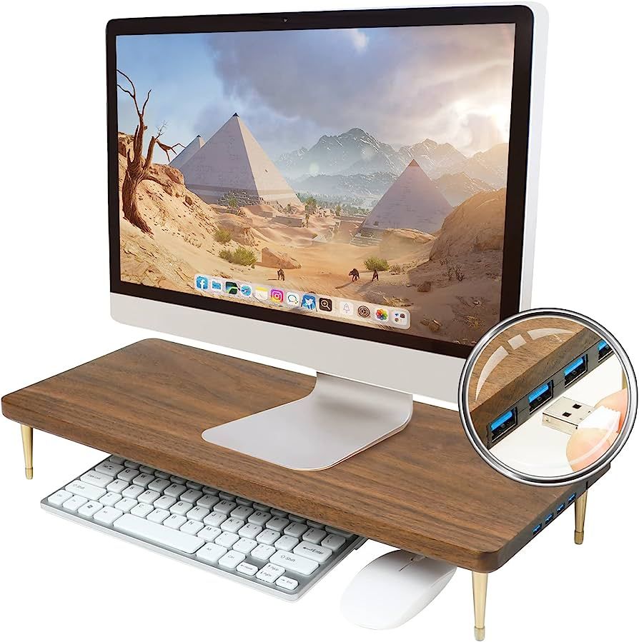 CRAFT KITTIES Monitor Stand with 4 USB Ports Walnut Wood Riser for iMac Laptop Computer Monitor ... | Amazon (US)