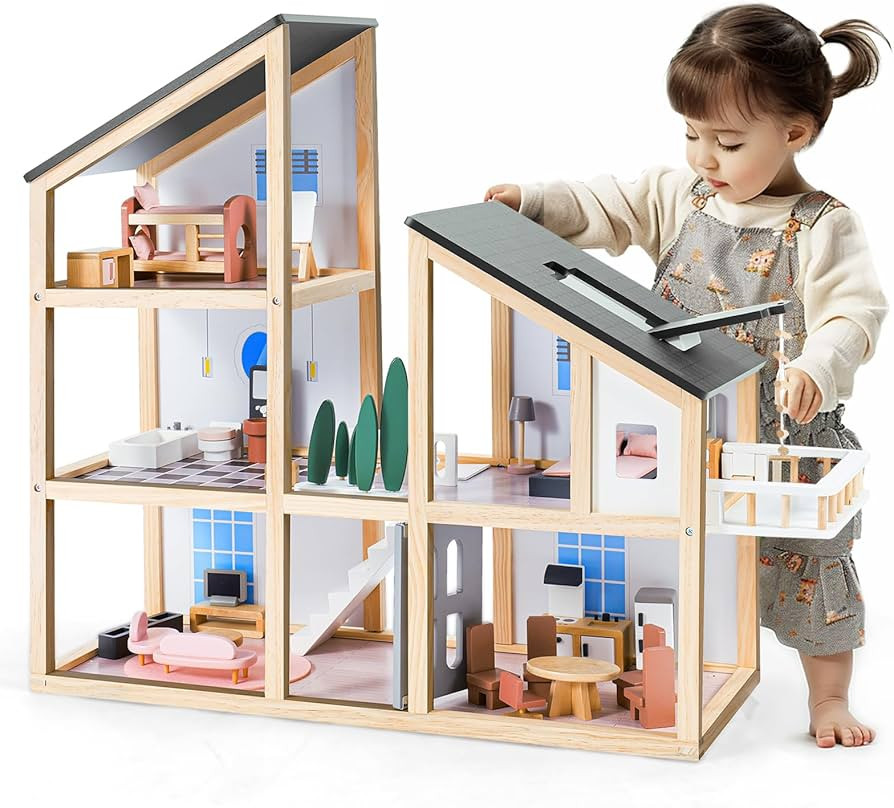 Large Wooden Doll House for Kids Ages 3+, Sturdy Modern Family Dollhouse Kit with Realistic Furni... | Amazon (US)
