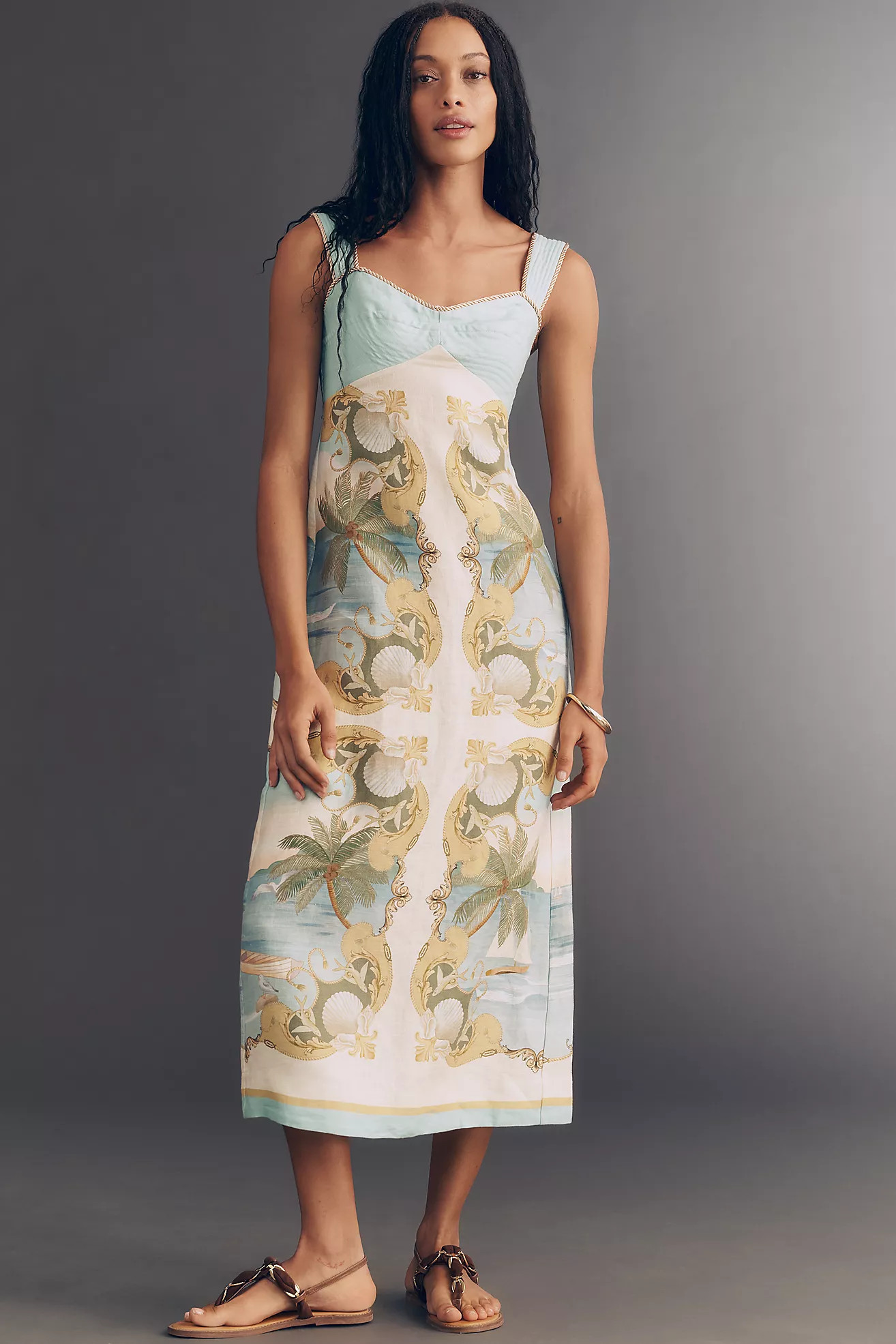 Farm Rio Royal Sea Linen Midi Dress | Anthropologie (US)