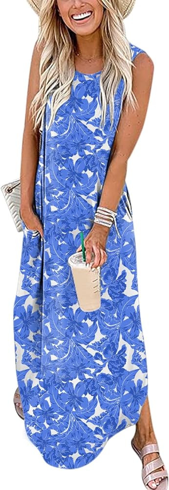 ANRABESS Women Casual Loose Sundress Sleeveless Split Maxi Long Beach Shirt Dress Travel Vacation... | Amazon (US)
