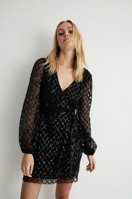 Diamond Sequin Mesh Wrap Mini Dress | Warehouse UK & IE