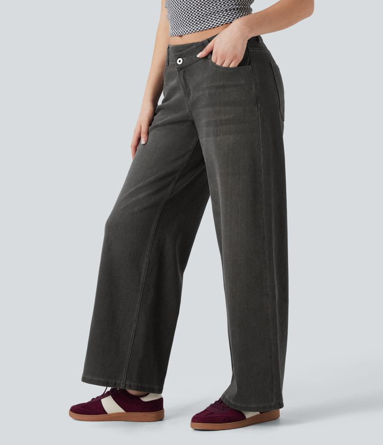 Women’s Halara Flex™ Asymmetric Low Rise Zipper Pockets Baggy Wide Leg Washed Casual Jeans - ... | HALARA