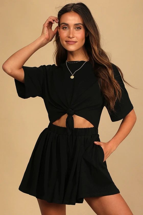 Ways to Go Black Knotted Cutout Short Sleeve Romper | Lulus (US)