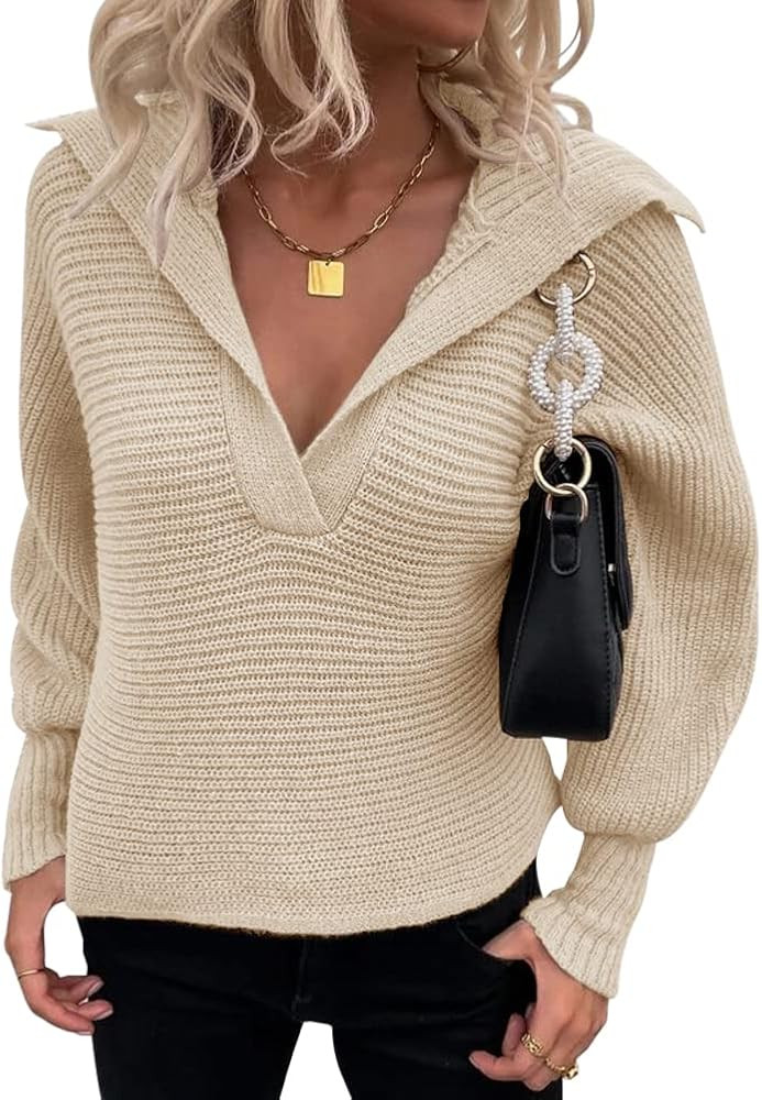 Womens V Neck Batwing Long Sleeve Sweaters Ribbed Knit Warm Lightweight Loose Casual Pullover Tops | Amazon (US)