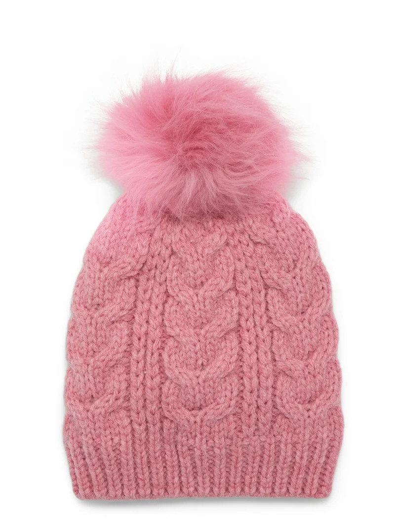 Time and Tru Women's Cable Pom Beanie, One Size Fits Most, Pink Pottery Heather | Walmart (US)