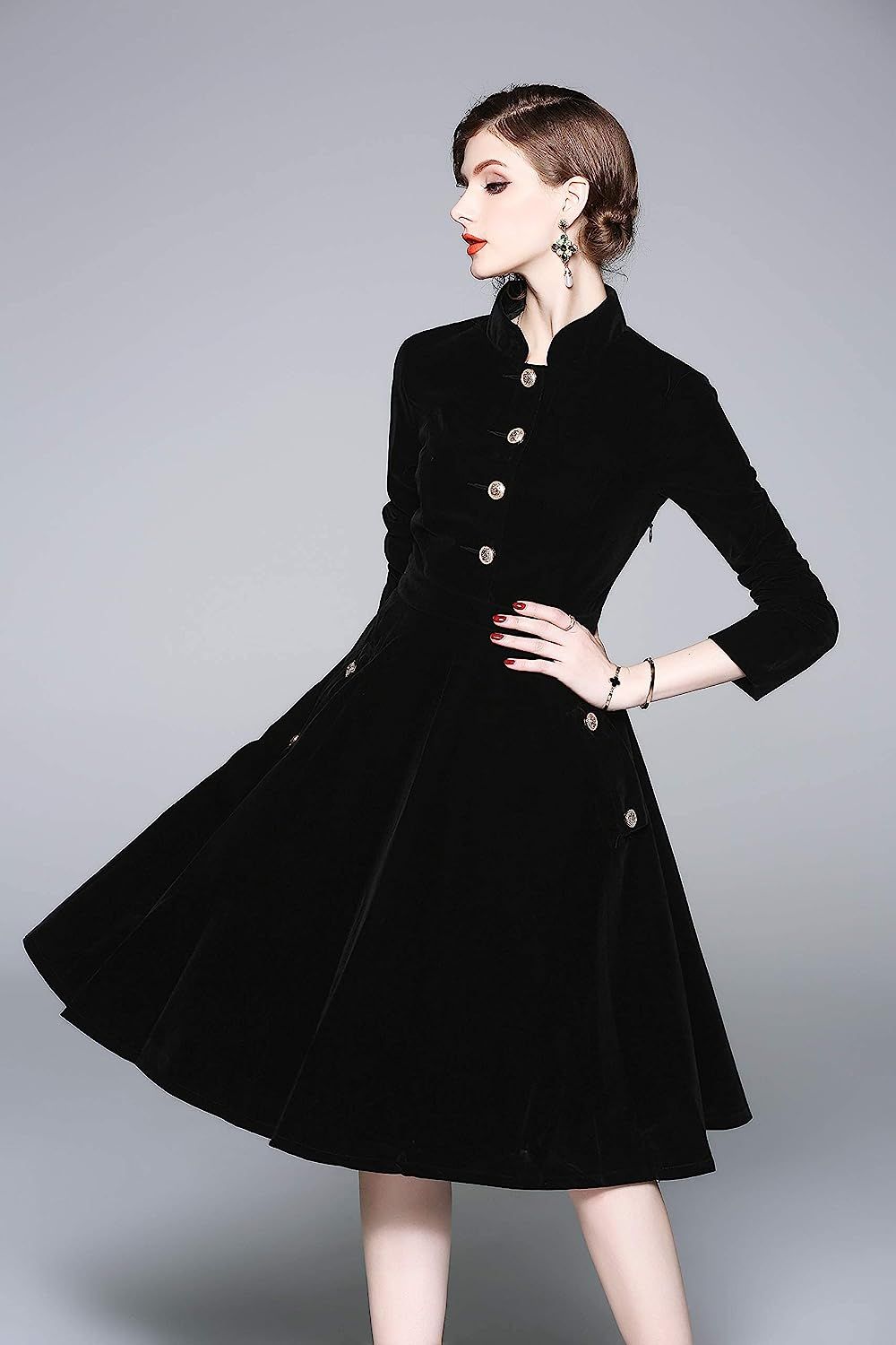 Women's Long Sleeves Velvet Button Up Swing Midi Pockets Dress | Amazon (US)