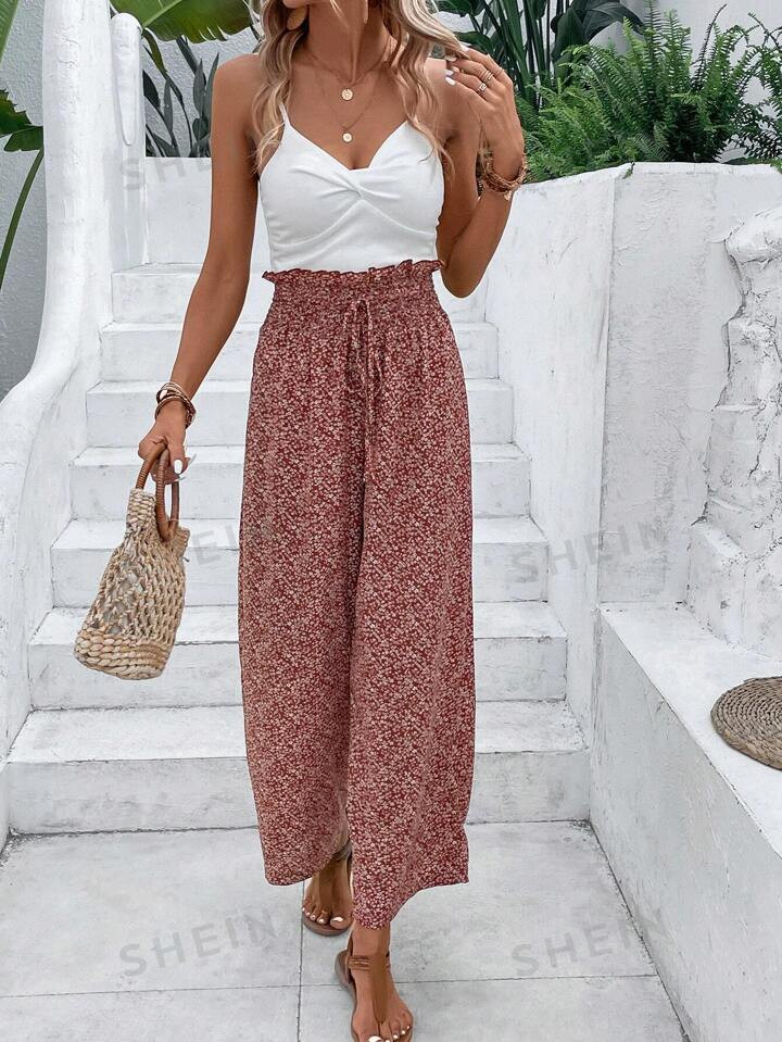 SHEIN Frenchy Ditsy Floral Print Paperbag Waist Wide Leg Pants | SHEIN