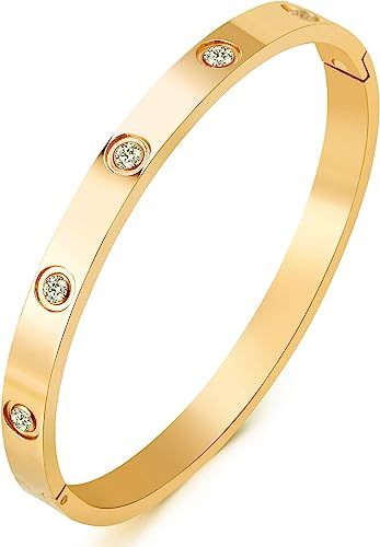 MVCOLEDY Jewelry 18 K Gold Plated Bangle Bracelet CZ Stone Hinged Stainless Steel with Crystal Ba... | Amazon (US)