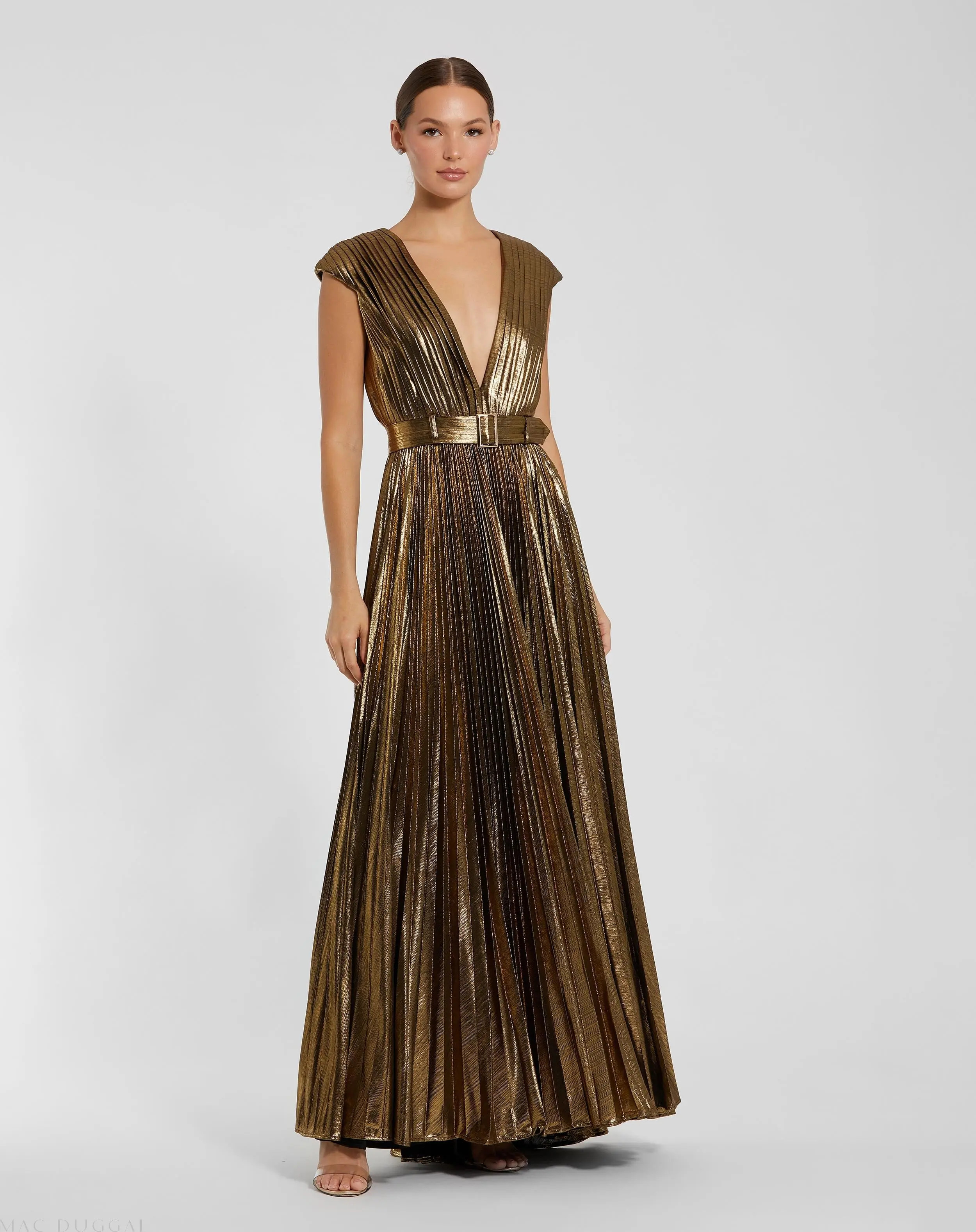 Pleated Metallic Jersey Gown With Belt - Mac Duggal | Mac Duggal