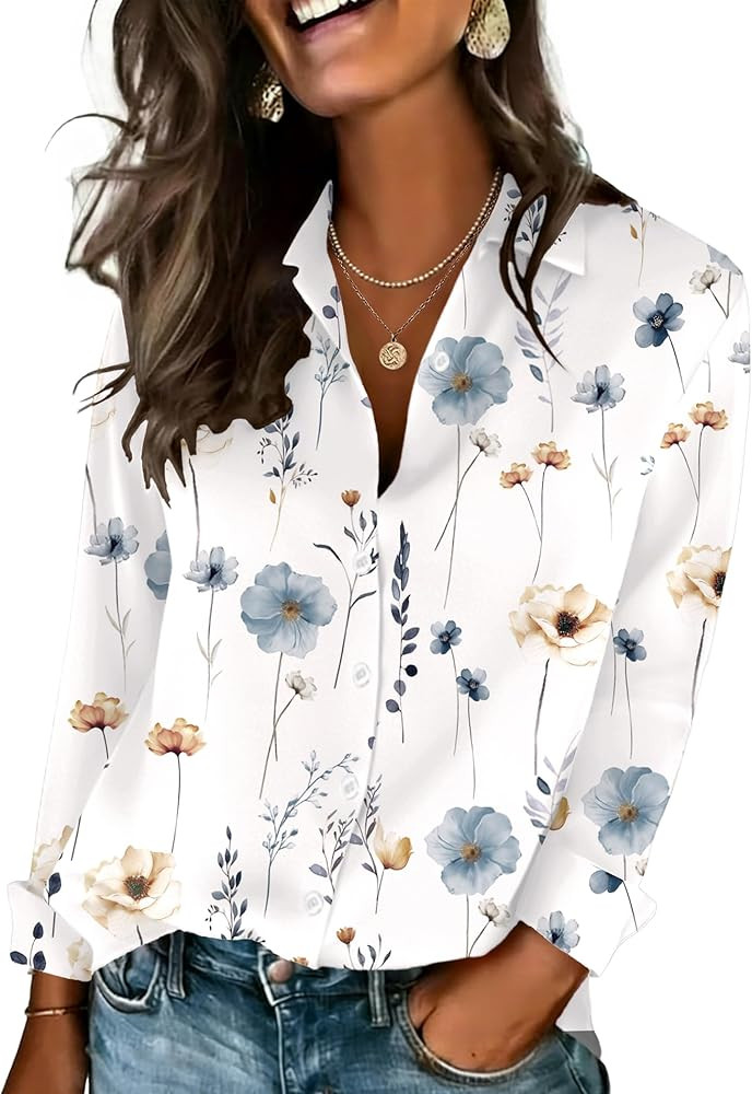 Zeagoo Womens Button Down Shirts Lantern Long Sleeve Blouse Business Casual Work Tops Floral Prin... | Amazon (US)