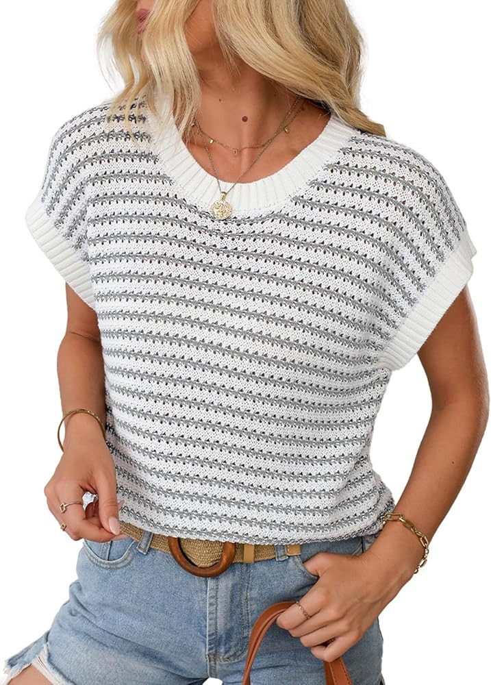 EVALESS Women's Sweater Vest Striped Pullover Tank Top Round Neck Cap Sleeve Lightweight 2025 Sum... | Amazon (US)