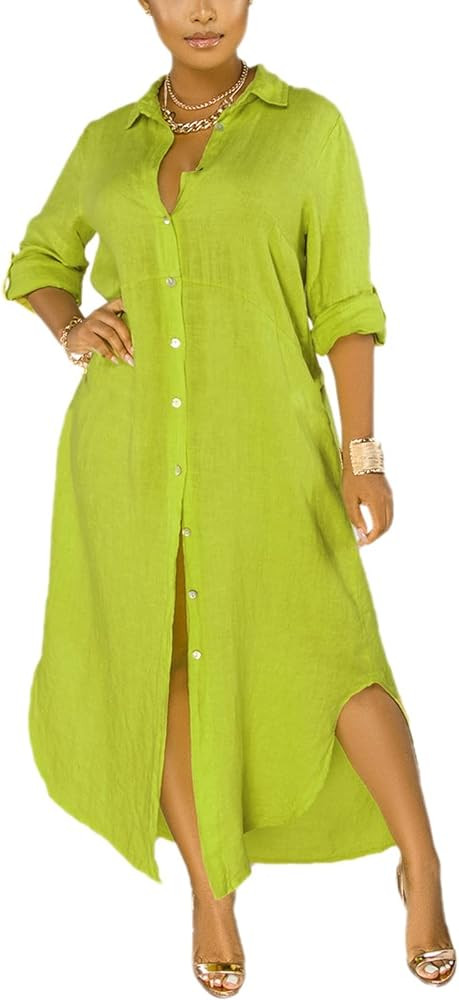 qfmqkpi Women's Solid Color 3/4 Rolled-Up Sleeve Shirts Dress Buttons Down Side Slit Maxi Dresses | Amazon (US)
