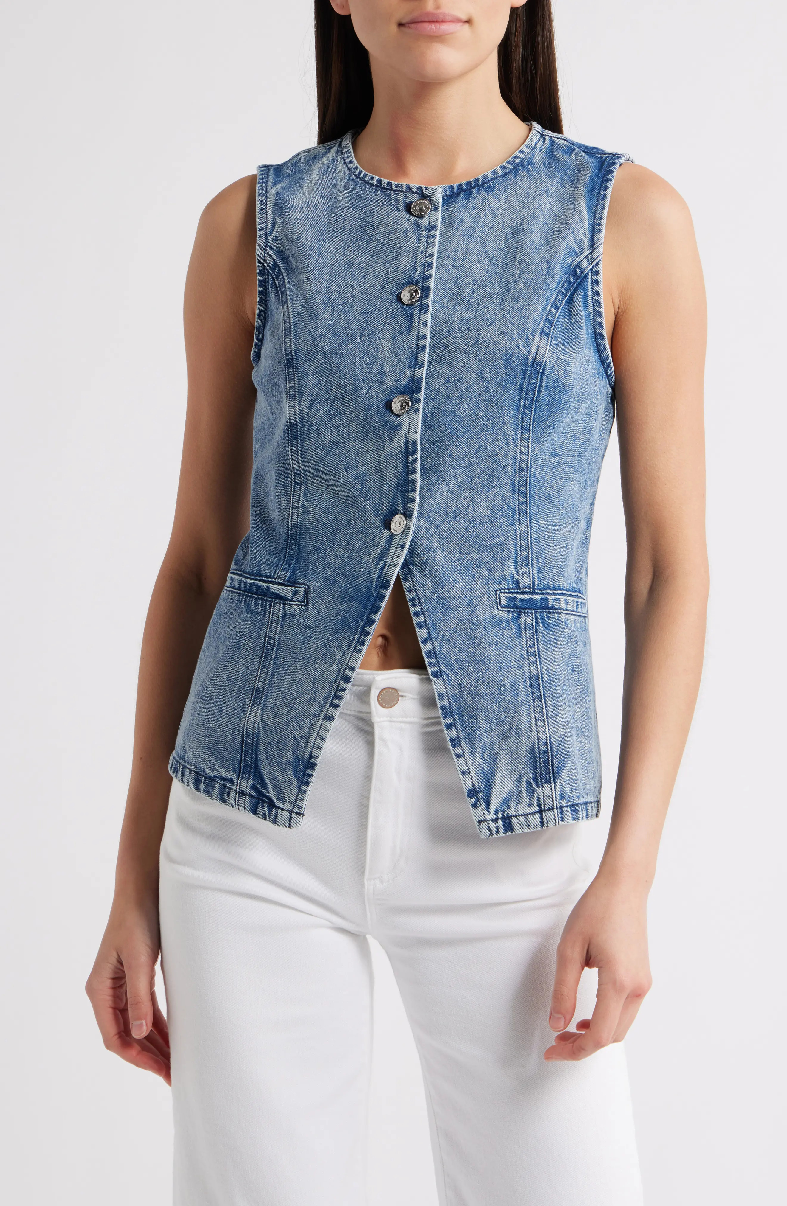 Steve Madden Wesley Denim Button-Up Vest in East Side Wash at Nordstrom Rack, Size Small | Nordstrom Rack