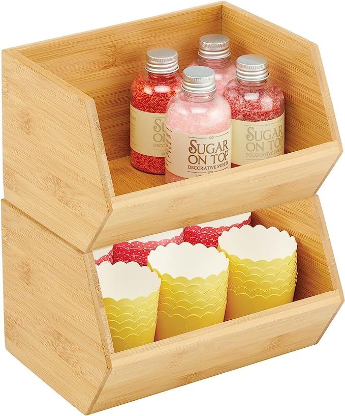 mDesign Bamboo Stackable Food Storage Organization Bin Basket - Wide Open Front for Kitchen Cabin... | Amazon (US)